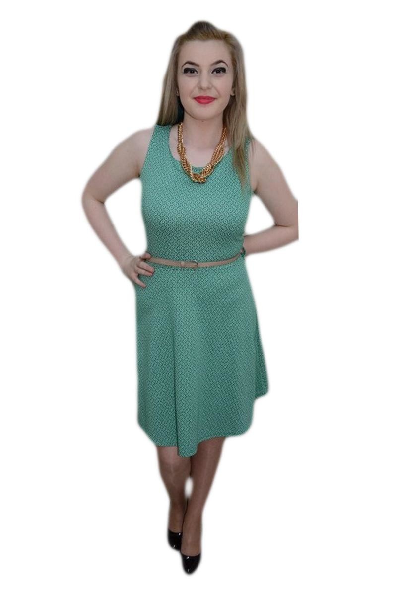 Rochie casual cu material pepit si design abstract, fusta in clos, D&J Exclusive, Turcoaz