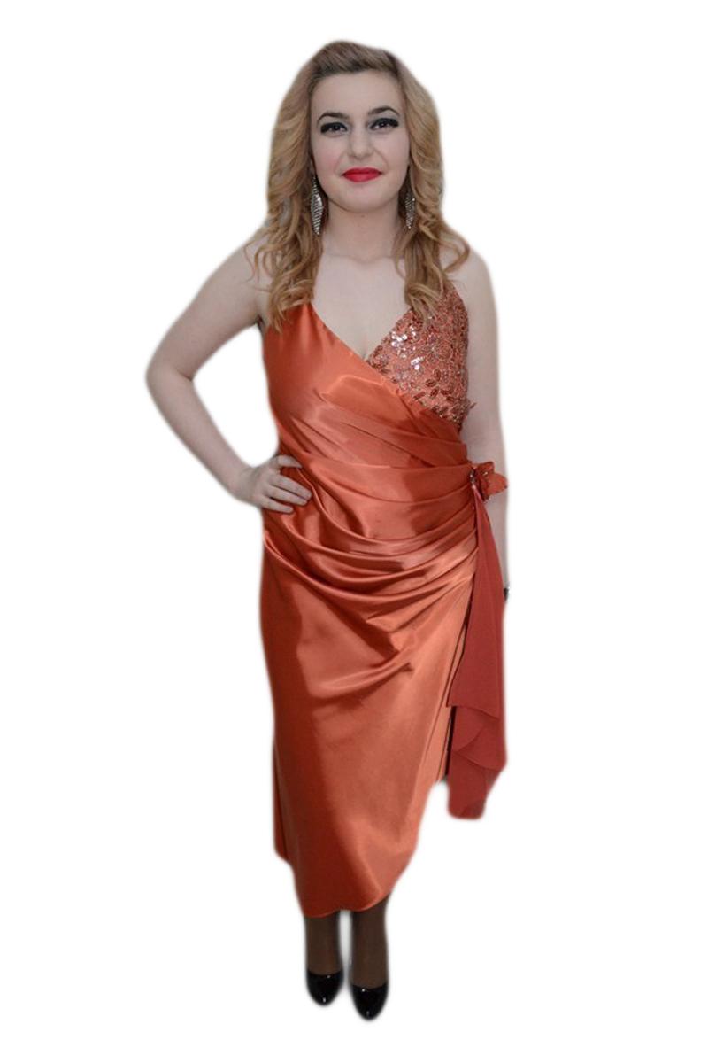 Rochie de seara, model asimetric, infrumusetata cu paiete, D&J Exclusive, Caramiziu