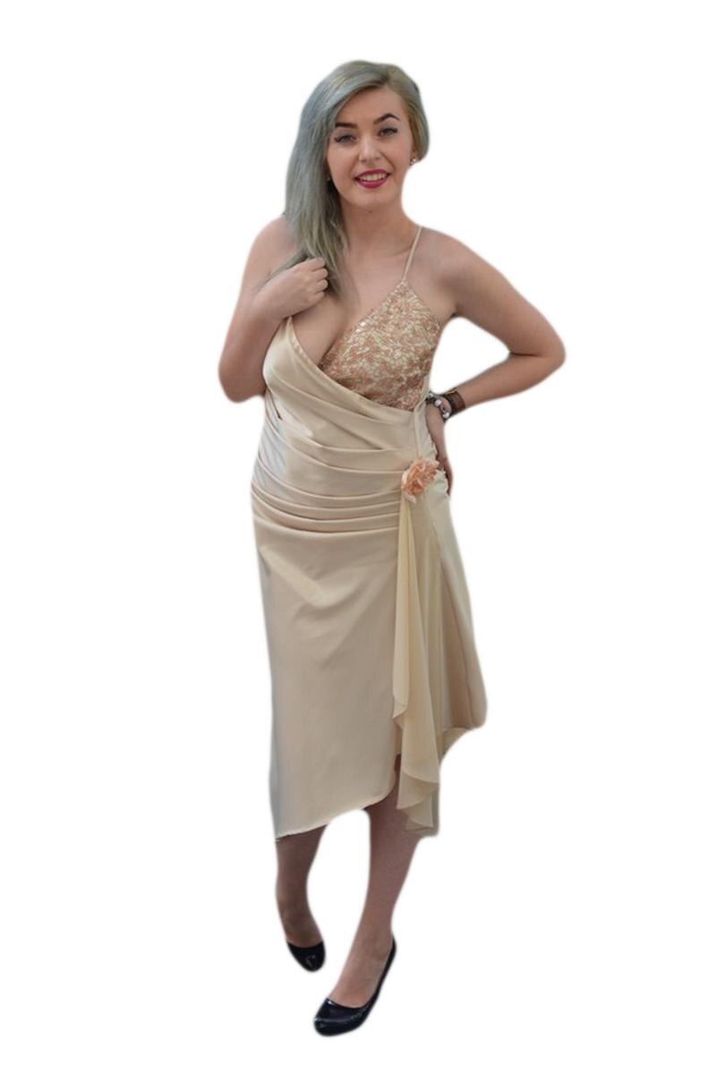 Rochie de seara, model asimetric, infrumusetata cu paiete, D&J Exclusive, Bej