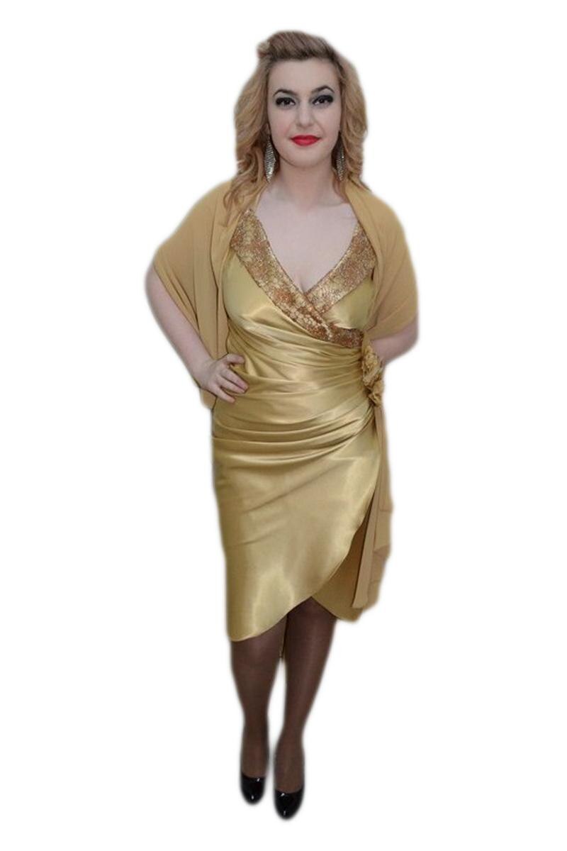 Rochie de gala, decolteu adanc, D&J Exclusive, Crem