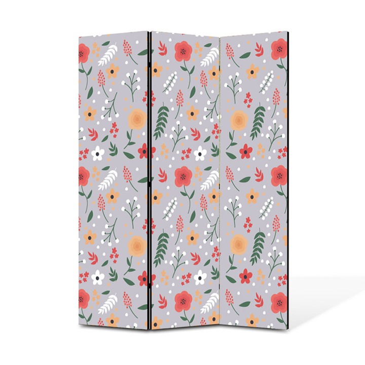 Paravan de Camera ArtDeco din 3 Panouri Elemente naturale flori mov 105 x 150 cm
