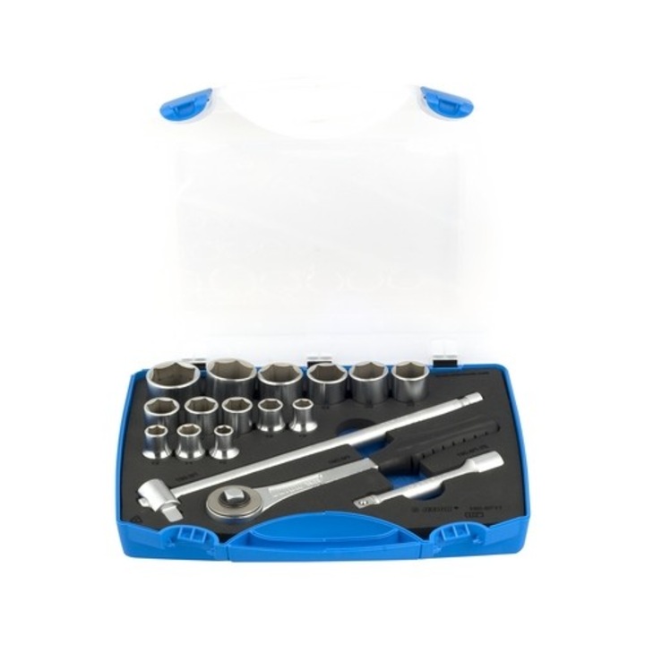 Trusa capete chei tubulare si accesorii Unior, 1/2", cutie de plastic,10-32, 17 piese