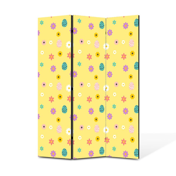 Paravan de Camera ArtDeco din 3 Panouri Iepurasi si Floricele colorate 105 x 150 cm