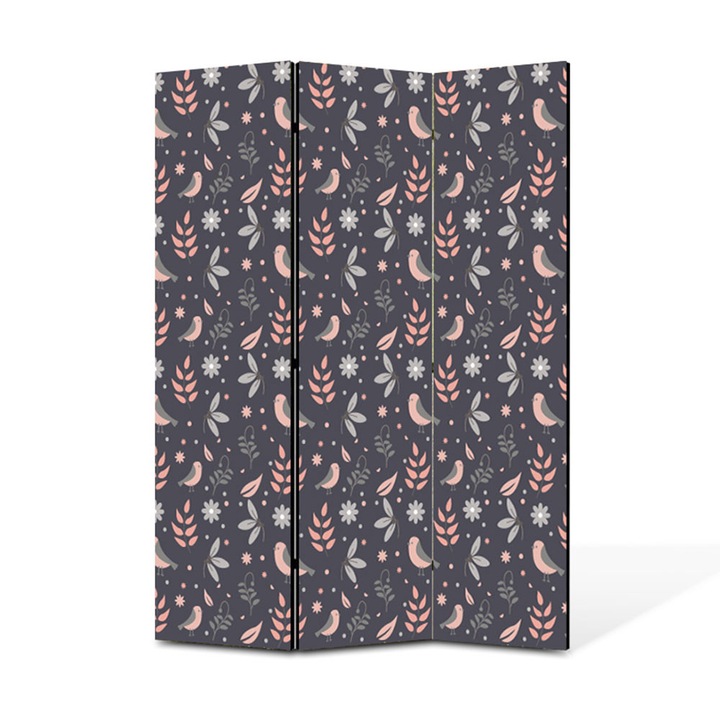 Paravan de Camera ArtDeco din 3 Panouri Pasari motive naturale alb 105 x 150 cm