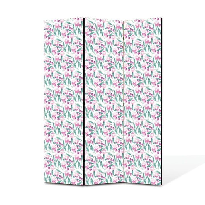 Paravan de Camera ArtDeco din 3 Panouri Randuri de flori roz 105 x 150 cm