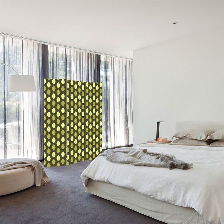 Paravan de Camera ArtDeco din 3 Panouri Frunze de salcam verde inchis 105 x 150 cm