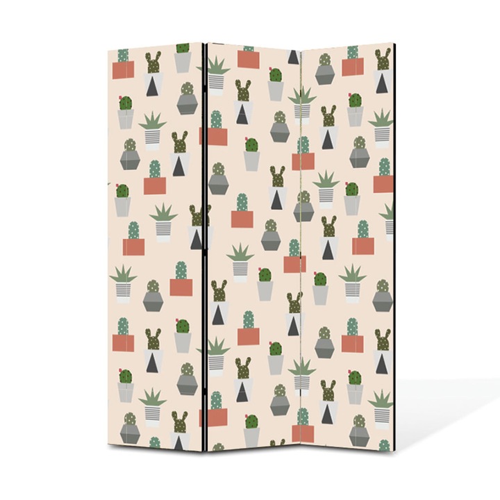 Paravan de Camera ArtDeco din 3 Panouri Ghivece stilizate cactus 105 x 150 cm