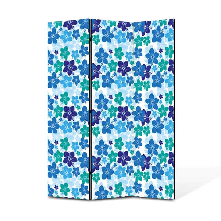 Paravan de Camera ArtDeco din 3 Panouri Suprapunere flori tropicale albastre si verzi 105 x 150 cm