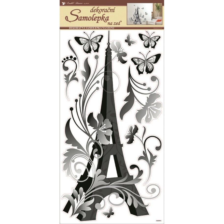Sticker perete, Turnul Eiffel, flori si fluturi, 32 x 60 cm