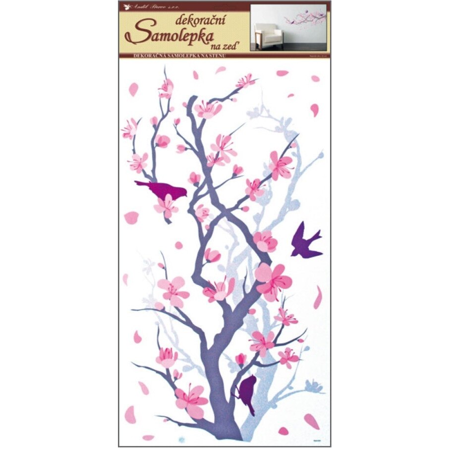 Sticker perete, creanga inflorita cu pasari 32 x 58 cm