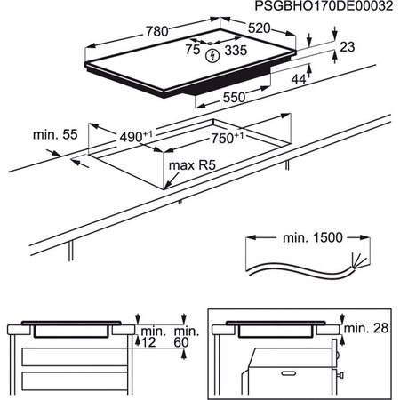 Plita incorporabila Electrolux EIV835, Inductie, 5 zone de gatit, Touch control, 78 cm, Sticla neagra