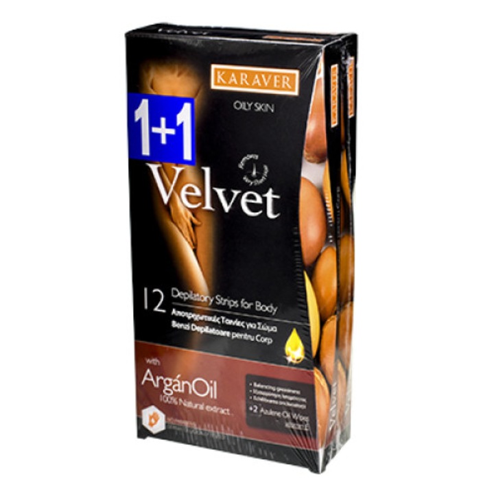 Benzi depilatoare corp, Karaver, cu ULEI ARGAN 12+12 buc +4 servetele 1+1 GRATIS