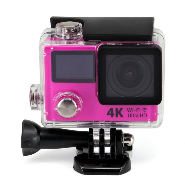 Camera Video Subacvatica Ultra HD 4K H3R ACTION DIVISION™, Senzor 12MP Panasonic, Dual screen, Wide Angle Lens, Time Lapse, Rezistenta la Apa 30m, Wi-Fi, HDMI + Carcasa waterproof + Telecomanda Wireless 2.4G, Roz