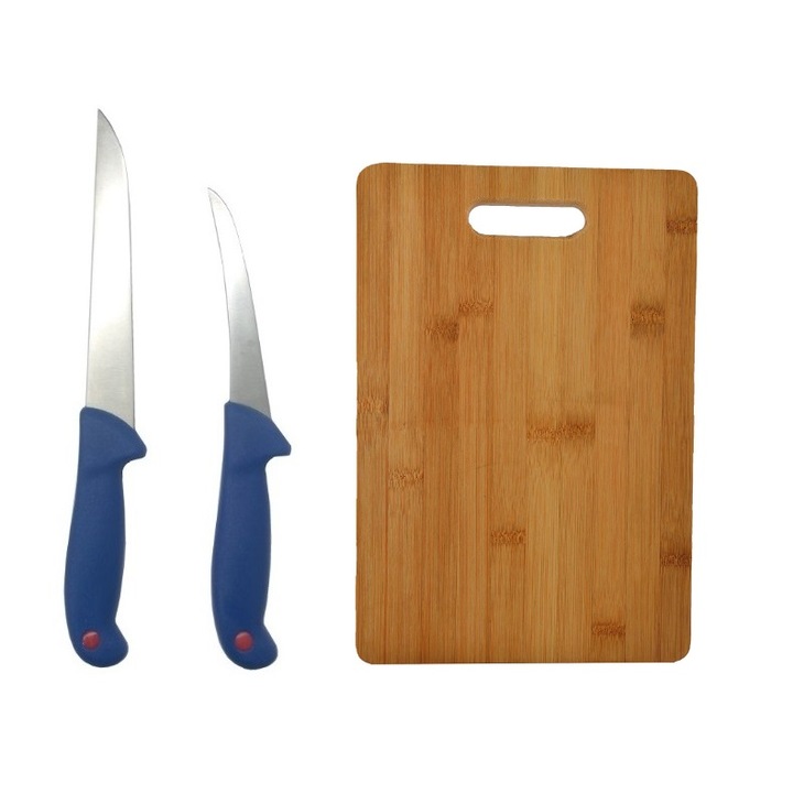 Pachet format din Tocator dreptunghiular , bambus 26 x 36 cm si 2 Cutite pentru macelarie