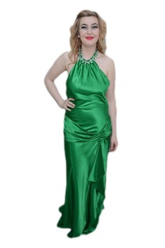 Rochie lunga din saten, cu design de colier lat , D&J Exclusive, Verde Rochie lunga din saten, cu design de colier lat , D&J Exclusive, Verde