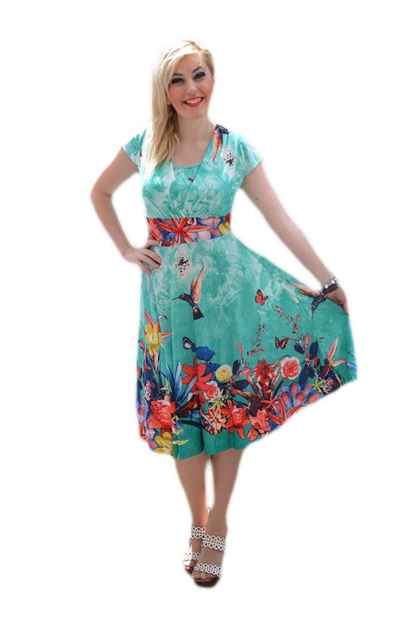 Rochie scurta din material subtire, cu flori mari ,D&J Exclusive, Turcoaz