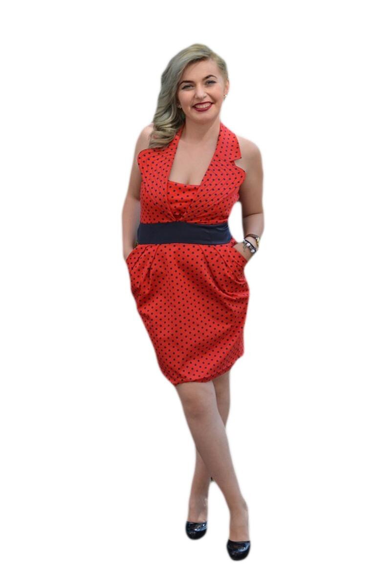 Rochie cu panglica alba in talie si fundita in spate, D&J Exclusive, Rosu