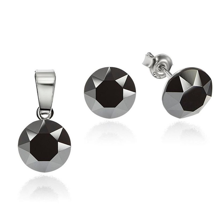 e-Crystal - 925 ezüst ródiumozott stud ékszer szett és® Xirius 8mm Jet Hematite kristályal