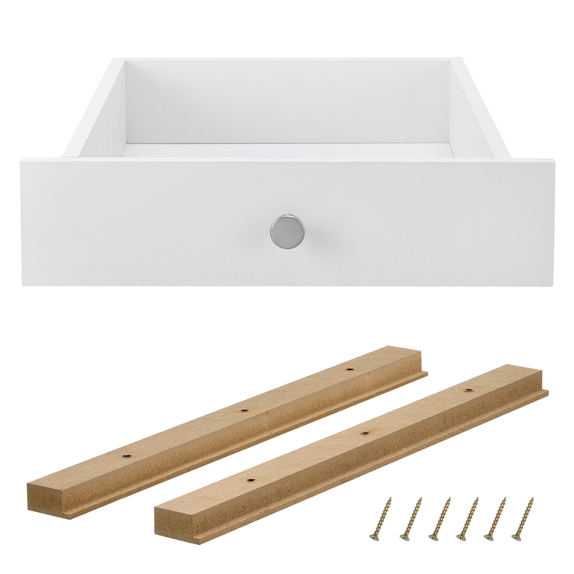 Sertar pentru mobilier paleti Model 6, en.casa, 9,5 x 37,5 x 44,5 cm, MDF, alb, 4 bucati cu sina si accesorii montare