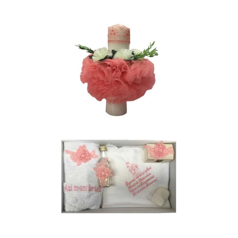 Set Botez, Lumanare si Trusou 7 piese, Alb/Somon