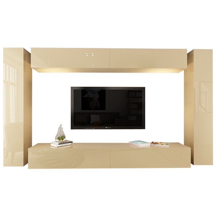 Set Mobila Living Modular Quadro 6, MDF Lucios, Cappuccino, Dimensiune 320 cm