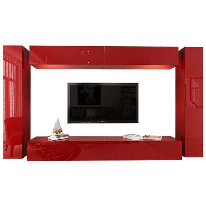 Set Mobila Living Modular Quadro 6, MDF Lucios, Bordo, Dimensiune 320 cm