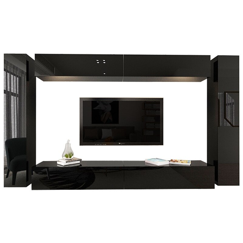 Set Mobila Living Modular Quadro 6, MDF Lucios, Negru, Dimensiune 320 cm