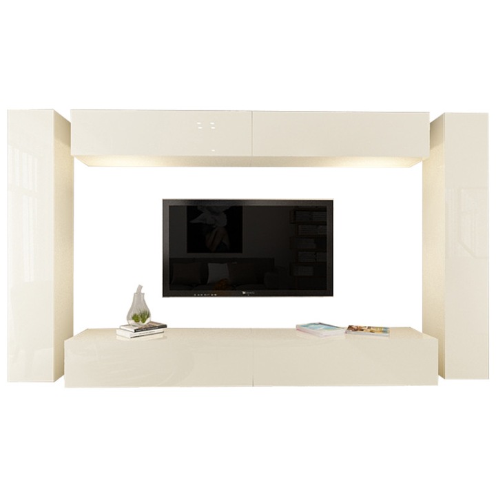 Set Mobila Living Modular Quadro 6, MDF Lucios, Crem, Dimensiune 320 cm