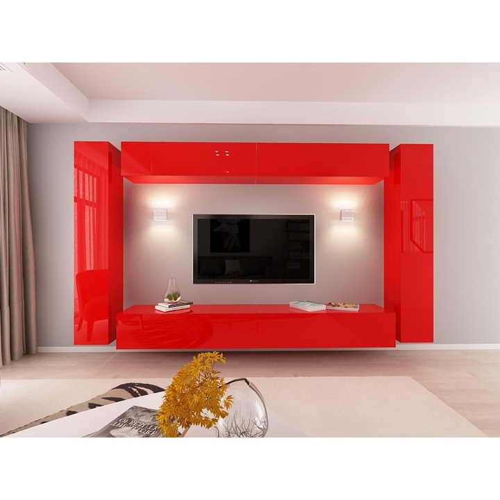 Set Mobila Living Modular Quadro 6, MDF Lucios, Rosu, Dimensiune 320 cm