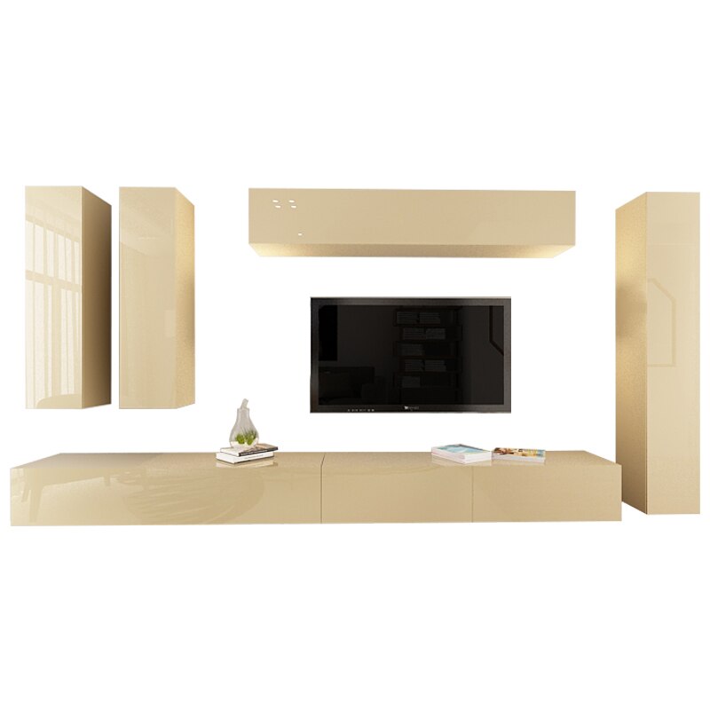 Set Mobila Living Modular Quadro 7, MDF Lucios, Cappuccino, Dimensiune 370 cm