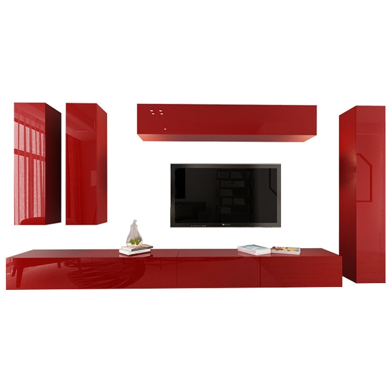 Set Mobila Living Modular Quadro 7, MDF Lucios, Bordo, Dimensiune 370 cm