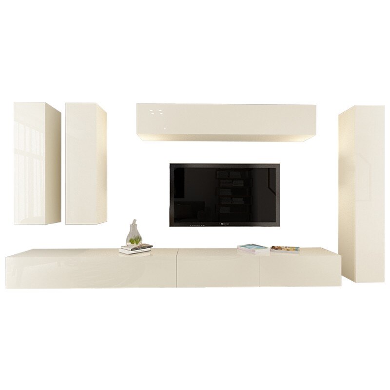 Set Mobila Living Modular Quadro 7, MDF Lucios, Crem, Dimensiune 370 cm