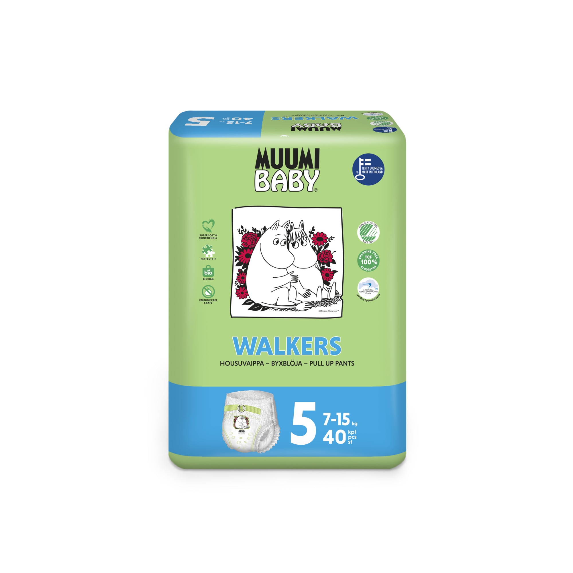 Scutece finlandeze eco, tip chilotel, Muumi Baby 5 maxi, 40 buc