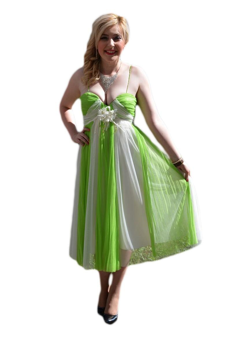 Rochie de seara midi, din voal fronsat, in dungi,D&J Exclusive, Verde deschis