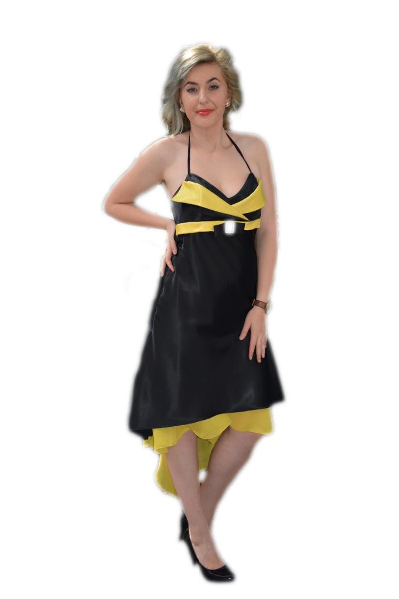 Rochie scurta din saten,D&J Exclusive, Negru/Galben
