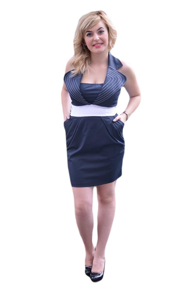 Rochie cu panglica alba in talie si fundita in spate, D&J Exclusive, Bleumarin