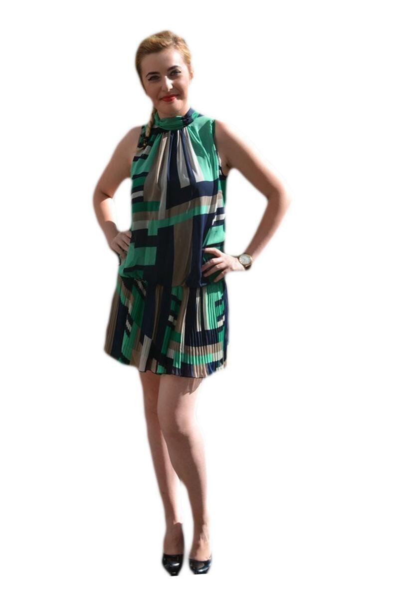Rochie casual, feminina din voal fronsat, D&J Exclusive, Verde/Bleumarin