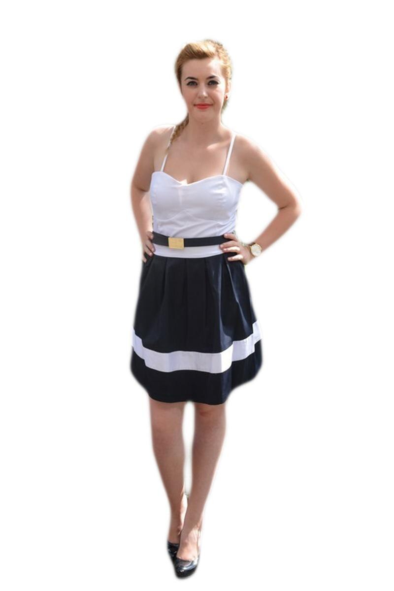 Rochie de vara cu aspect evazat, cu bretele subtiri, D&J Exclusive, Bleumarin-Alb