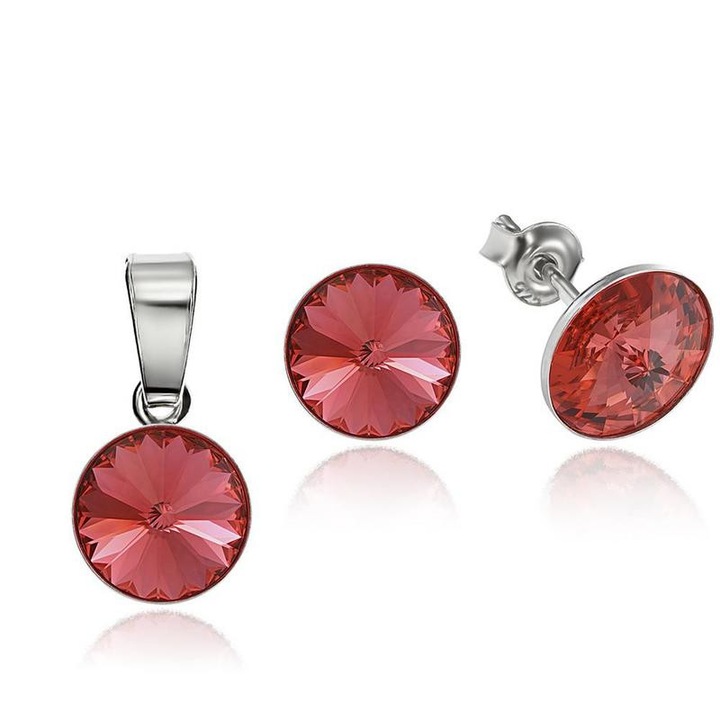e-Crystal - 925 ezüst ródiumozott stud ékszer szett és® Rivoli 8mm Padparadscha kristályal