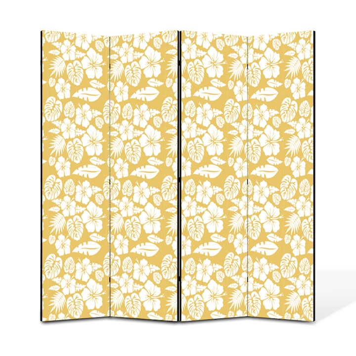 Paravan de Camera ArtDeco din 4 Panouri Frunze tropicale albe 140 x 180 cm
