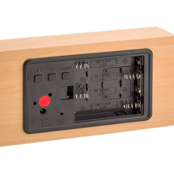 Ceas de birou, ProCart, display LED, din lemn, senzor sunet, temperatura, data, alarma, maro
