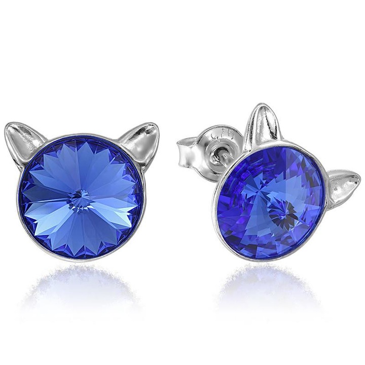 e-Crystal - 925 ezüst ródiumozott stud Cica fülbevaló® Rivoli 8mm Sapphire kristályal