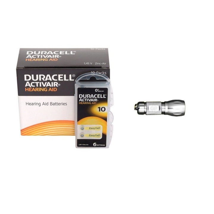 Baterii Duracell 10 pentru proteze auditive ZA10, DA10, 60 baterii, 10 seturi + lanterna breloc GP cu 3 AG13 incluse
