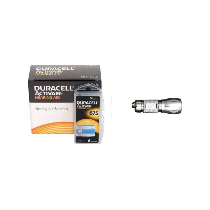 Baterii 675 Duracell pentru proteze auditive, ZA675, DA675, 60 baterii 10 blistere + lanterna breloc GP cu 3 AG13 incluse
