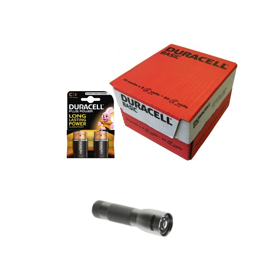 Baterii Duracell alcaline C, Baby, R14 MN1400, blister 2, cutie 20 baterii + lanterna LED Maxell cadou