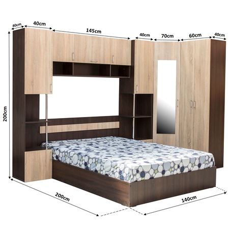 Dormitor complet Kring Yasmine, 295x200x200 cm, Sonoma inchis/Sonoma deschis