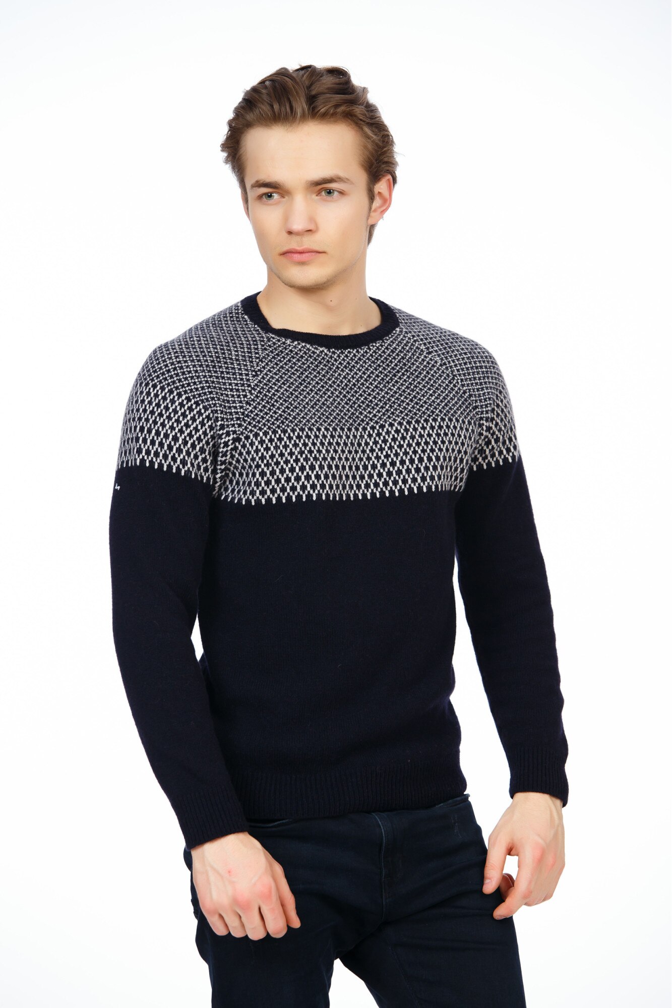 Pulover BE YOU cu model romburi, Bleumarin/Alb, S