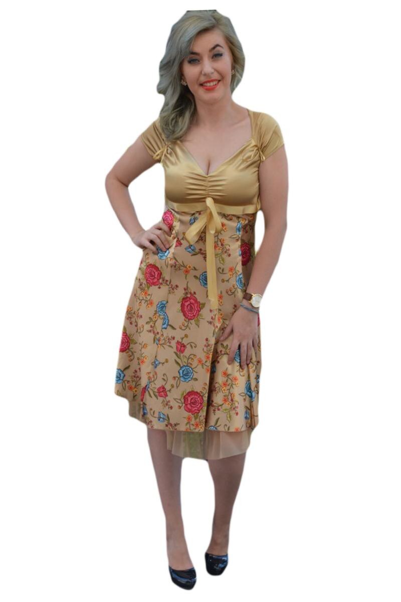 Rochie eleganta, florala, D&J Exclusive, Auriu, 36