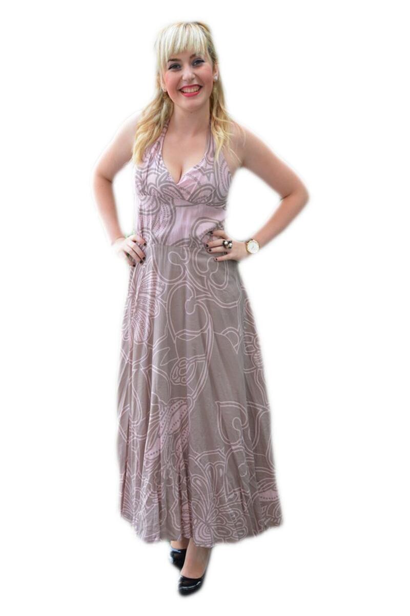 Rochie comoda, vaporoasa de vara, model lung cu decolteu in V,D&J Exclusive, pudra