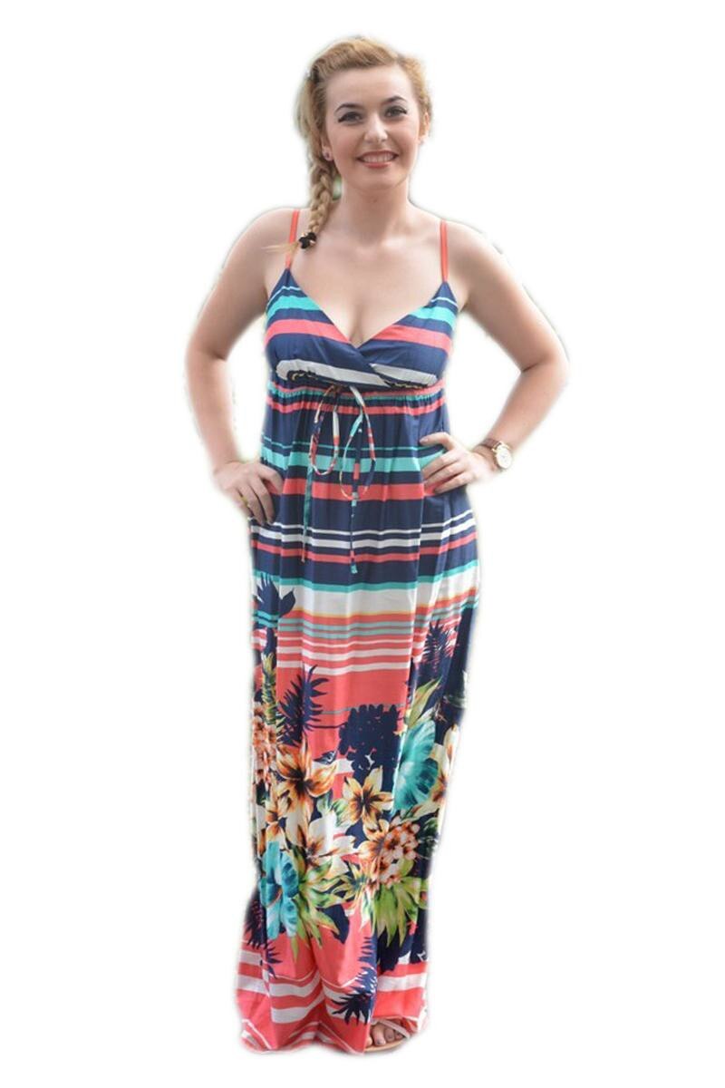 Rochie lunga de vara cu design de dungi si flori,D&J Exclusive, Multicolor